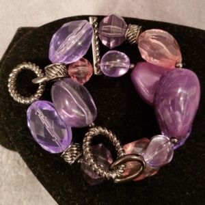 Faux Gemstone Beaded Stretch Bracelet Purple Pink